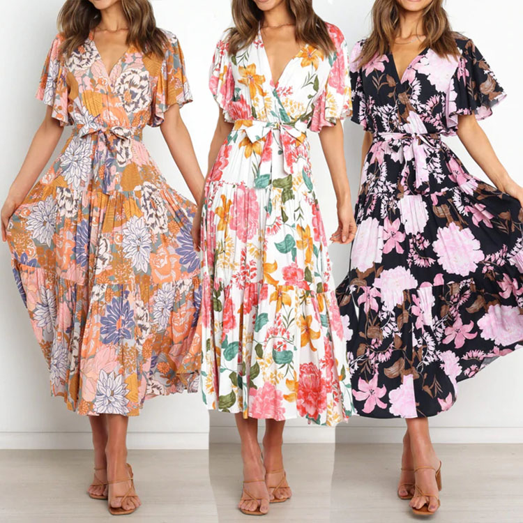 women long beach dress欧美度假V领大花朵高腰荷叶袖系带中长裙图片