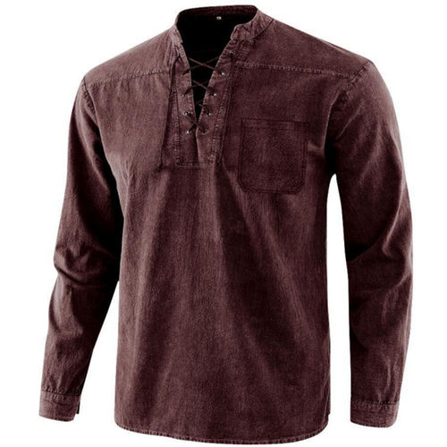 亚马逊男士长袖上衣中世纪气眼系带立领男士套头衬衫Shirt men。