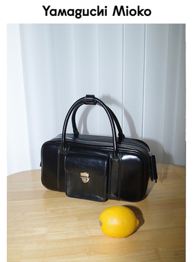 山口美袋 经典波士顿！真皮原创设计精致斜挎包女黑色复古手提包