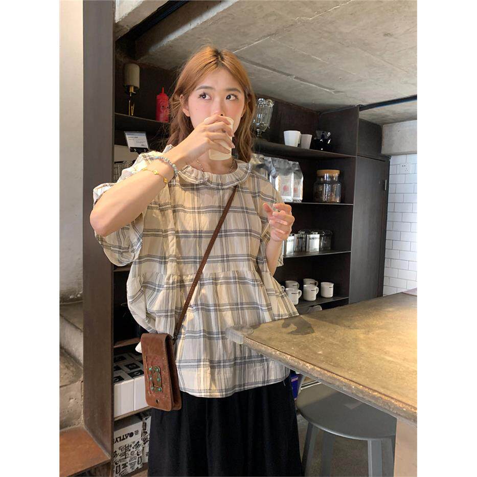 法式复古格子短袖衬衫女