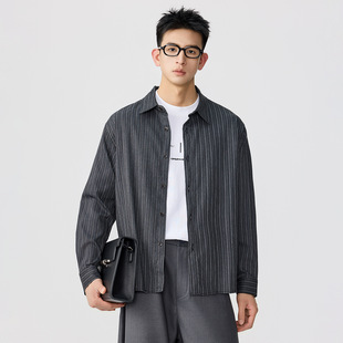 灰色条纹长袖 美式 衬衫 外套2026新款 男高级感痞帅春季 韩国潮牌男士