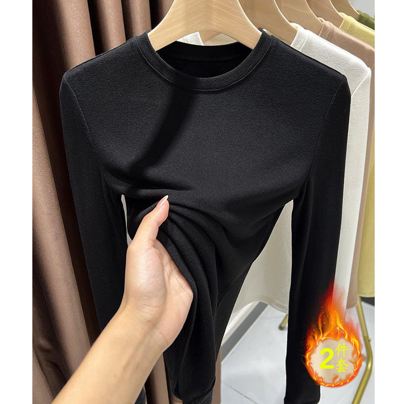 韩国网红明星同款白色德绒打底衫女内搭圆领长袖t恤秋冬季加绒上