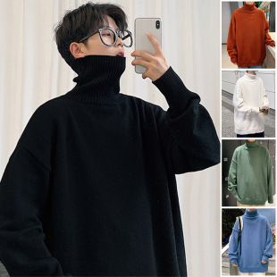 韩国潮牌高领黑色毛衣男士冬季加绒加厚宽松慵懒风打底衫高级感内