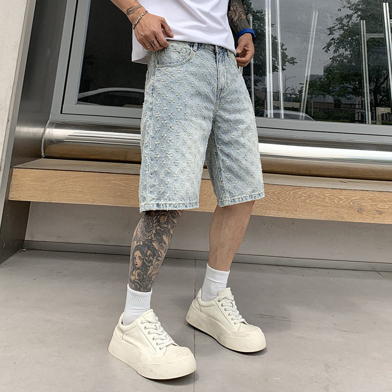 韩国潮牌痞帅高街风宽松直筒牛仔短裤男潮牌提花五分裤2026夏季新