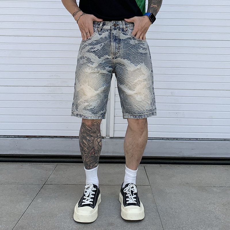 韩国潮牌美式高街潮牌海浪波纹提花牛仔短裤男夏季新款五分裤宽松