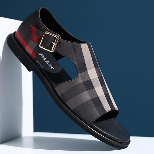 康奈官方正品夏英伦格子凉拖潮流越南拖鞋男室外穿沙滩鞋男士凉鞋