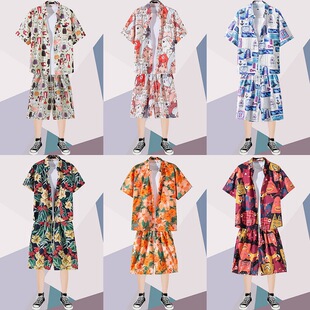 沙滩裤 套装 大裤 防晒薄款 男冰丝 衩情侣套装 韩国潮牌夏威夷印花衬衫