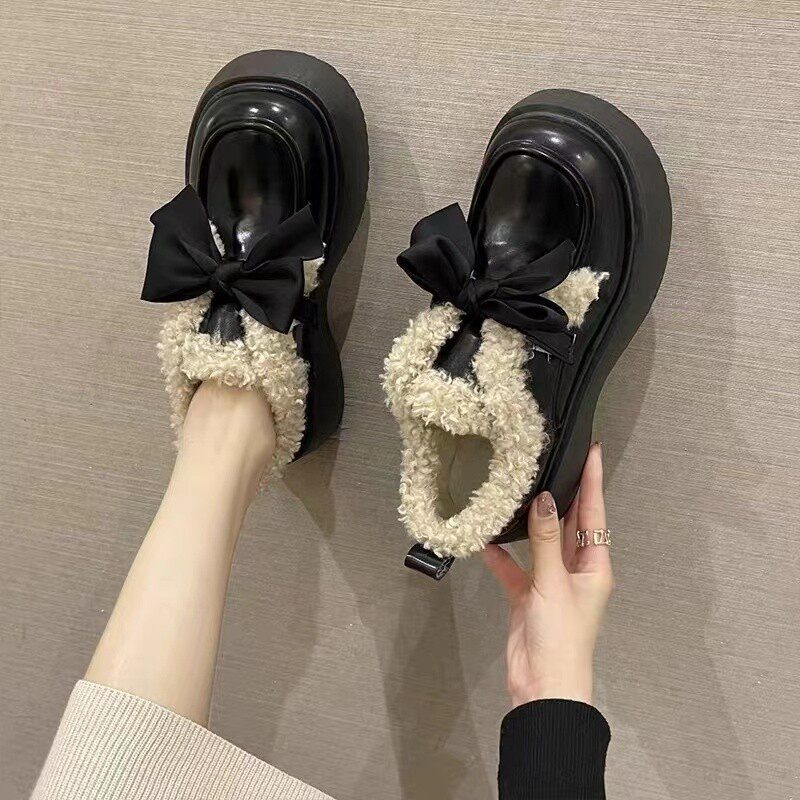 韩国潮鞋大头蝴蝶结黑色加绒小皮鞋女冬季英伦风日系保暖厚底jk玛
