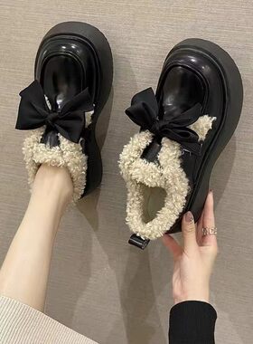 韩国潮鞋大头蝴蝶结黑色加绒小皮鞋女冬季英伦风日系保暖厚底jk玛