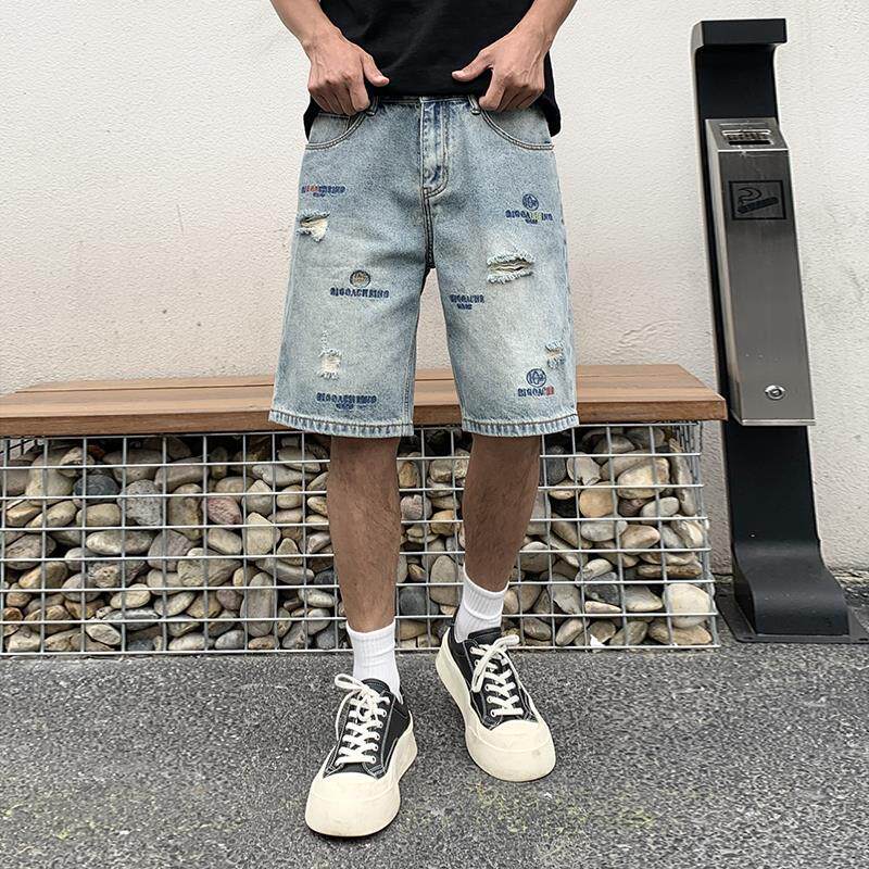 韩国潮牌流行刺绣浅色牛仔短裤男潮牌宽松五分裤2026夏季新款男士