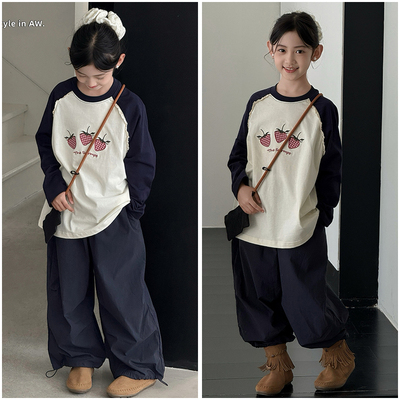 大E小e童装儿童甜美草莓印花插肩袖T恤25秋新女童长袖潮上衣5503