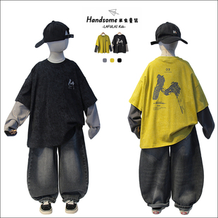 扎染假两件T恤26春新中大童男童长袖 上衣8035 儿童美式 啦芙莱童装