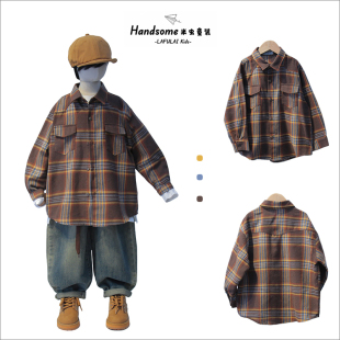 新男女童翻领衬衣上衣7716 25秋季 啦芙莱童装 儿童磨毛格子休闲衬衫