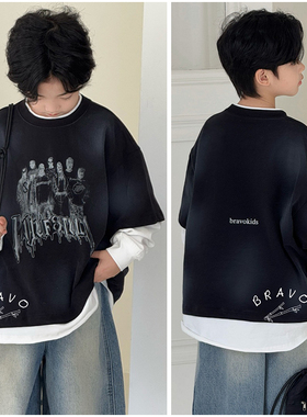 布芮欧童装儿童街舞扎染假两件T恤25秋新中大童男童长袖卫衣56163