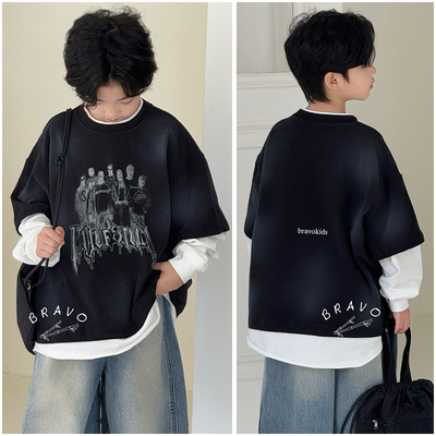 布芮欧童装儿童街舞扎染假两件T恤25秋新中大童男童长袖卫衣56163