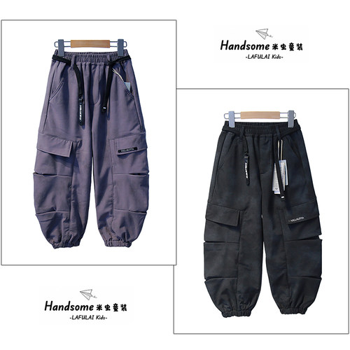 啦芙莱童装儿童一体绒束脚工装运动裤25冬新男女童弯刀裤长裤3392
