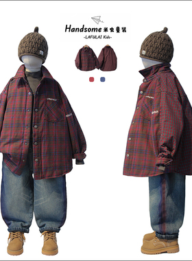 啦芙莱童装儿童红格夹棉美式翻领衬衫外套25冬新中大童男女童3635