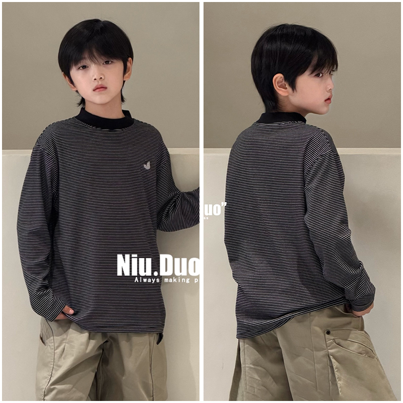 牛哆哆童装儿童德绒暖身条纹T恤25冬新男童半高领长袖打底衫76315