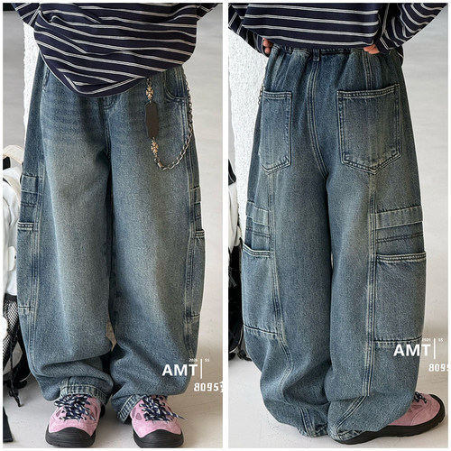 爱木橦男童大口袋工装牛仔裤