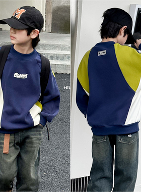 牛哆哆童装儿童拼色帅气一体绒圆领卫衣23冬季新男童套头衫28589