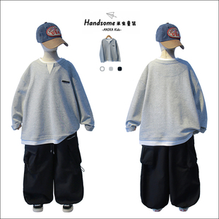 ANIKA童装儿童假两件韩版字母T恤26春新中大童男童长袖上衣潮2087