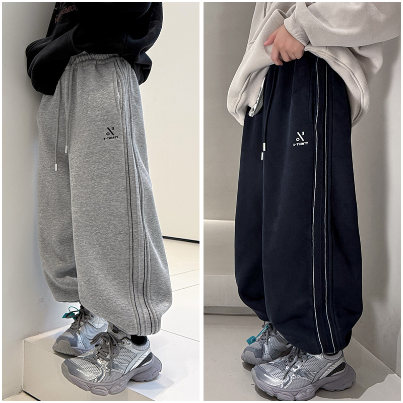 大E小e童装儿童一体绒运动裤25冬季男童侧条纹针织卫裤长裤66621