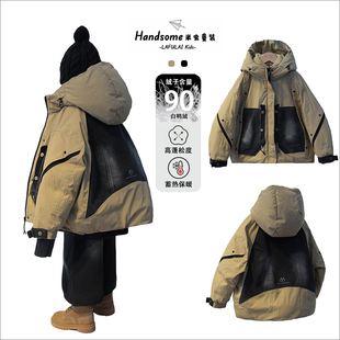 啦芙莱童装儿童牛仔拼接白鸭绒连帽派克羽绒服25冬新男童外套6081