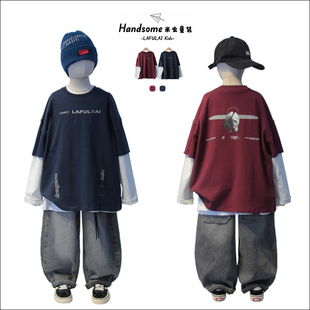 啦芙莱童装儿童街舞假两件长袖T恤26春新男女童圆领T恤打底衫7636