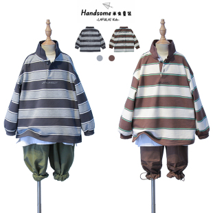 男女童套头衫 条纹翻领卫衣25春季 上衣潮5618 儿童美式 啦芙莱童装