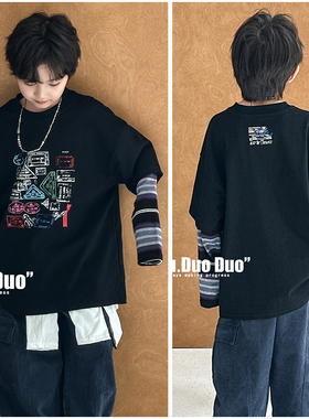 牛哆哆童装儿童拼接袖街舞假两件T恤25秋新男女童长袖打底衫39268