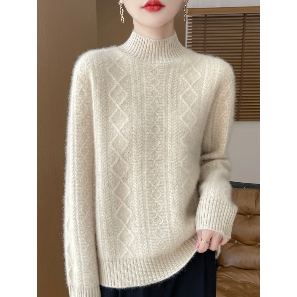 香港潮牌2025秋冬100纯羊毛衫女半高领加厚菱形绞花毛衣宽松羊绒,女装/女士精品,羊绒衫,淘宝优惠券,粉丝福利购,淘宝优惠卷