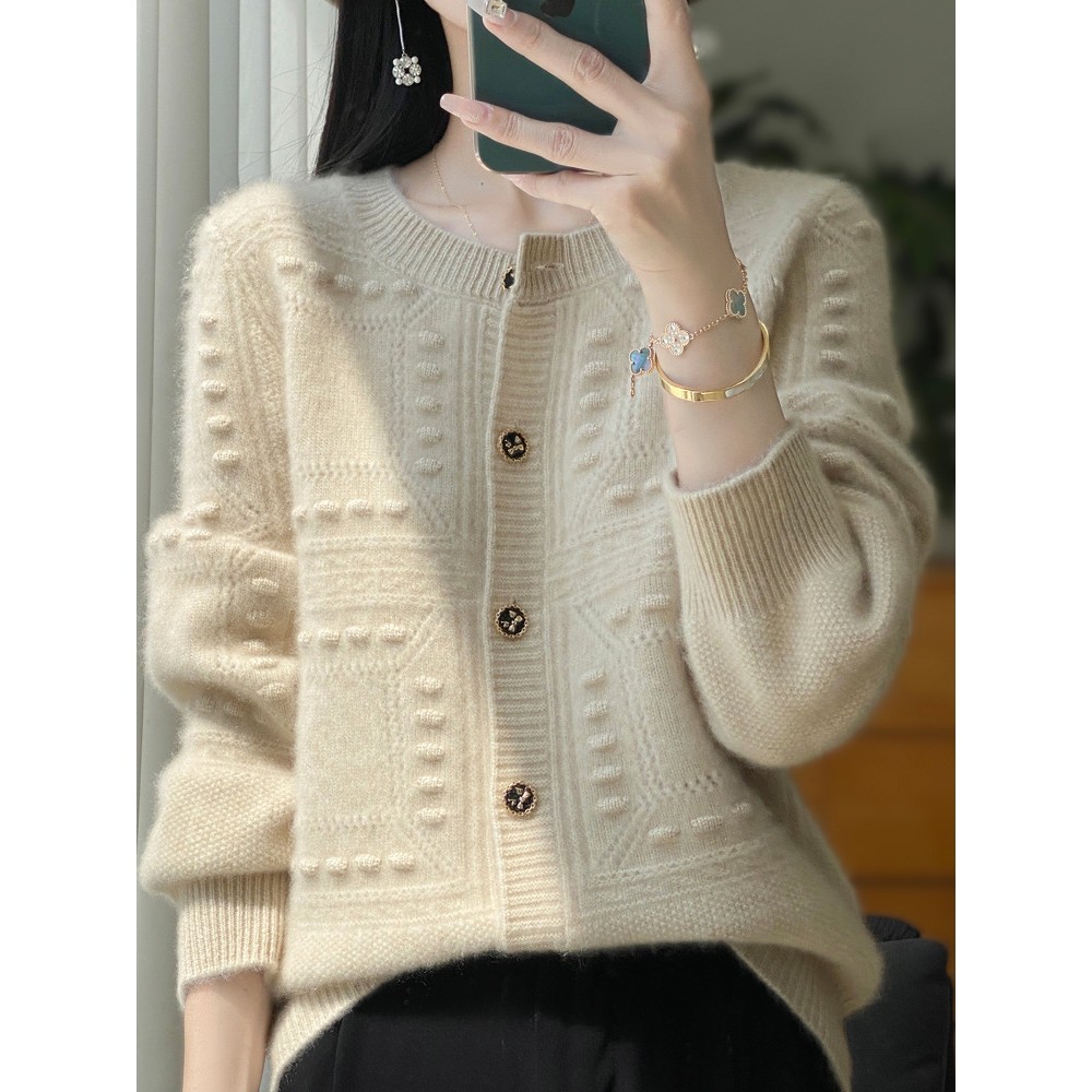 香港潮牌秋冬100纯羊毛开衫女圆领小香风提花外套宽松羊绒衫长袖,男装,羊绒开衫,淘宝优惠券,粉丝福利购,淘宝优惠卷