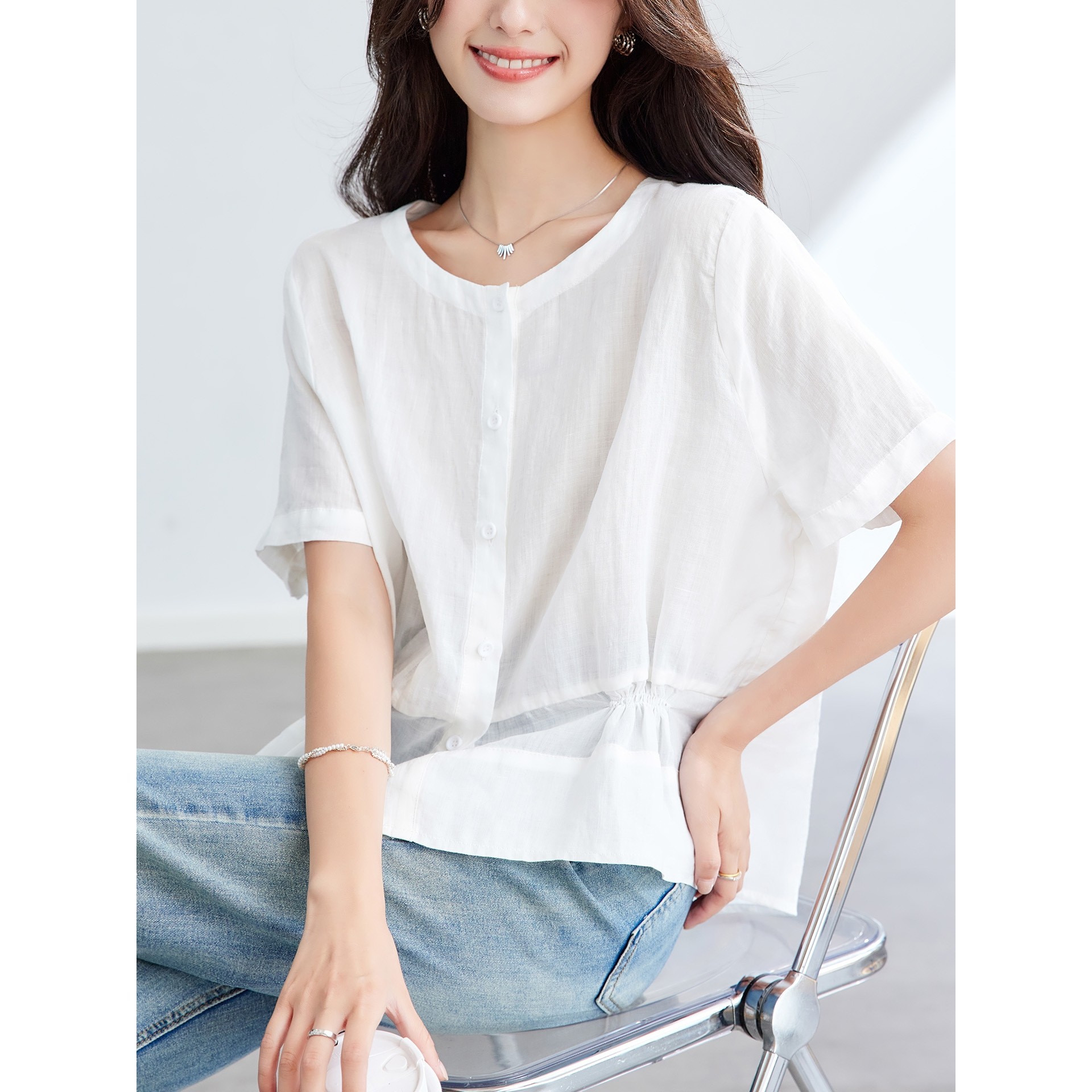 香港潮牌棉茧 苎麻衬衫女短袖2025夏季新款短款小个子上衣设计感,女装/女士精品,真丝上装,淘宝优惠券,粉丝福利购,淘宝优惠卷