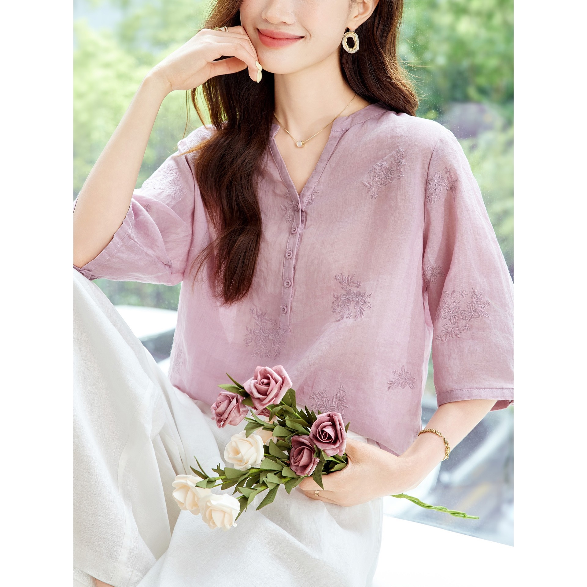 香港潮牌棉茧  苎麻绣花衬衫女五分袖2025夏季新款v领上衣国风新,女装/女士精品,真丝上装,淘宝优惠券,粉丝福利购,淘宝优惠卷