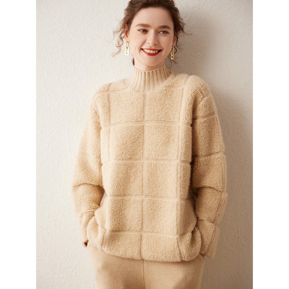 香港潮牌法式三股加厚半高领山羊绒衫女毛巾圈复古方块韩版长袖毛,女装/女士精品,羊绒衫,淘宝优惠券,粉丝福利购,淘宝优惠卷