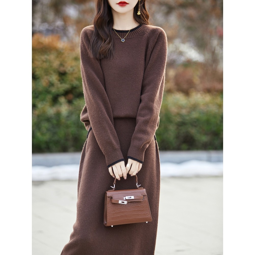 香港潮牌100纯羊毛衫女圆领拼色毛衣半身裙两件套宽松羊绒衫针织,女装/女士精品,羊绒衫,淘宝优惠券,粉丝福利购,淘宝优惠卷