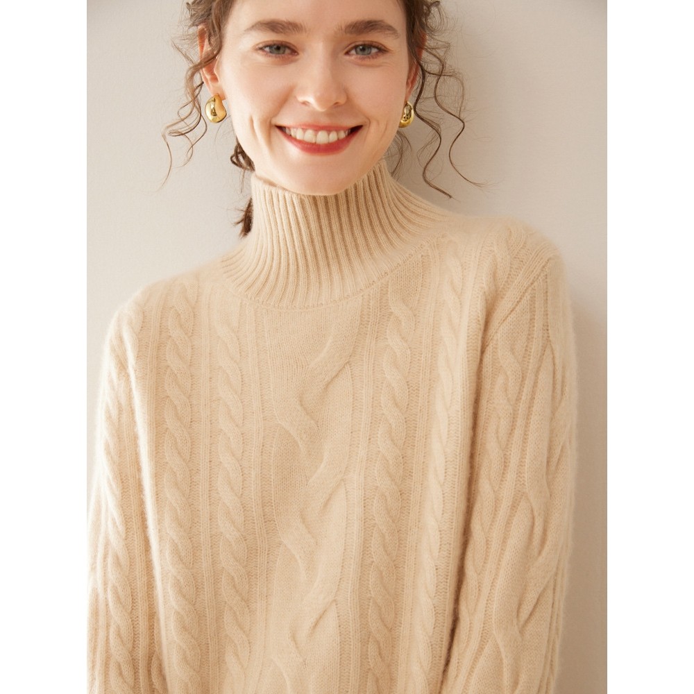 香港潮牌秋冬三股加厚山羊绒衫女半高领宽松绞花扭花毛衣宽松内搭,女装/女士精品,羊绒衫,淘宝优惠券,粉丝福利购,淘宝优惠卷