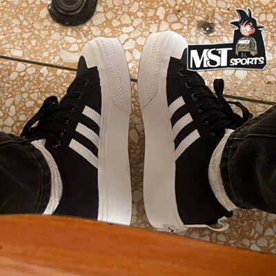 Adidas三叶草黑白厚底帆布板鞋