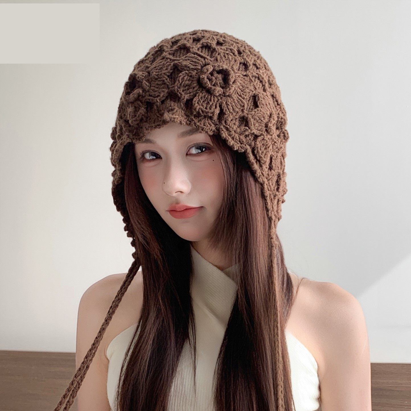 手工钩织花朵包头毛线帽子女秋冬