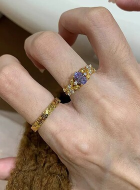 紫色戒指紫荆花镶钻戒指复古宫廷风轻奢食指戒高级感指环时尚