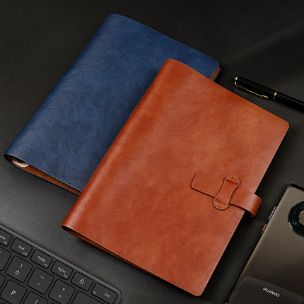 牛皮活页笔记本本子复古二层软皮带扣简约记事本可替换内芯商务工作会议记录本旅行手账日记本定制可印logo