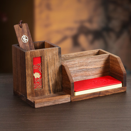 中式实木轻奢笔筒定制领导办公室桌面大气摆件高级感胡桃木简约风格送老师创意设计感木质笔桶书房刻字印logo