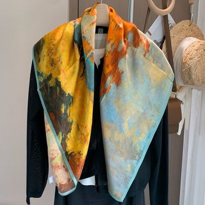 110大方巾百分百桑蚕丝丝巾春秋新款缎面真丝送礼佳品长巾白桦林