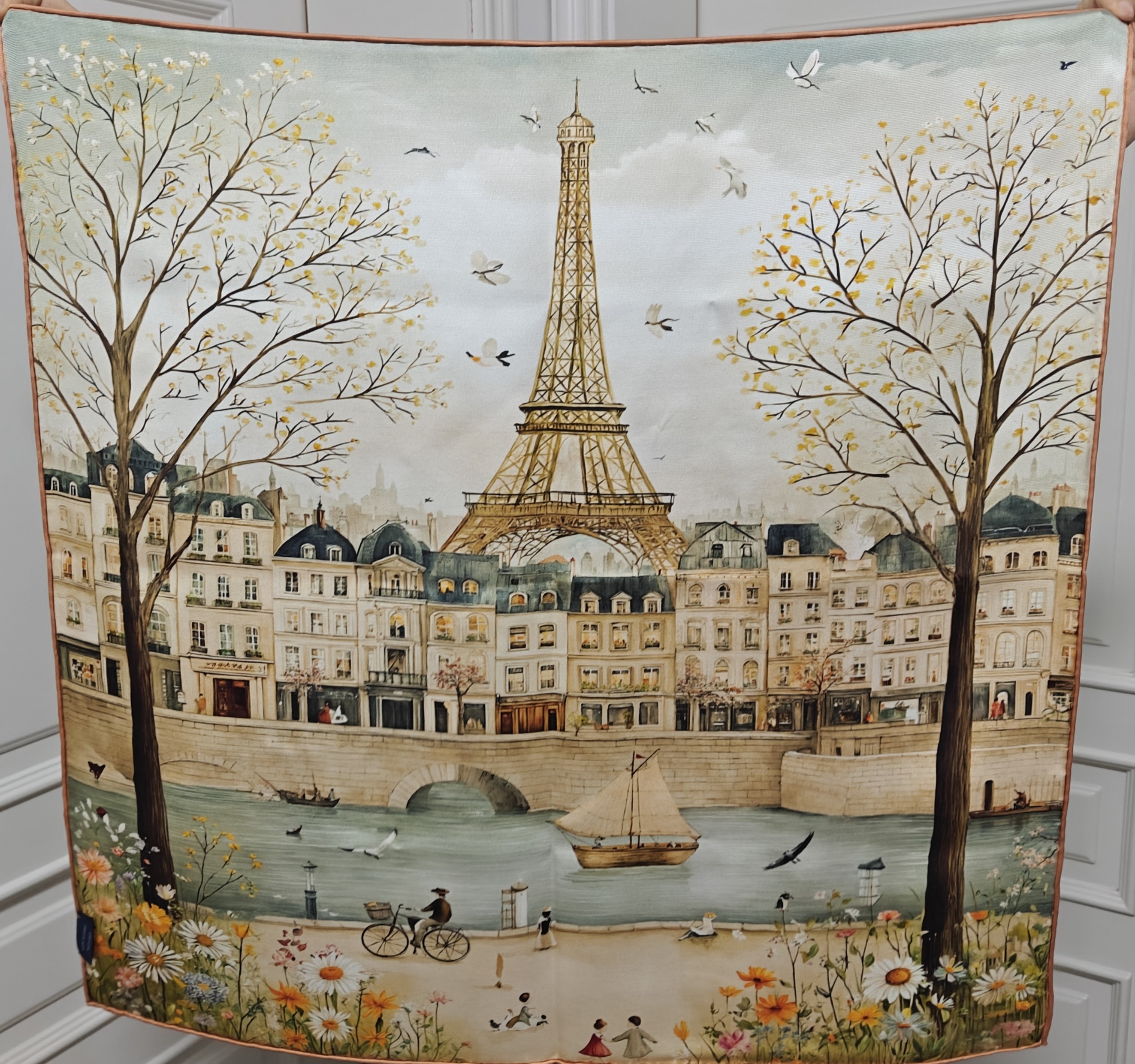 真丝意萝绸双面异色丝巾65*65方巾围巾秋冬新款精品河边风光