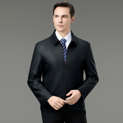 恒源祥官方正品2025秋冬新款海宁皮衣男翻领夹克短款修身商务休闲