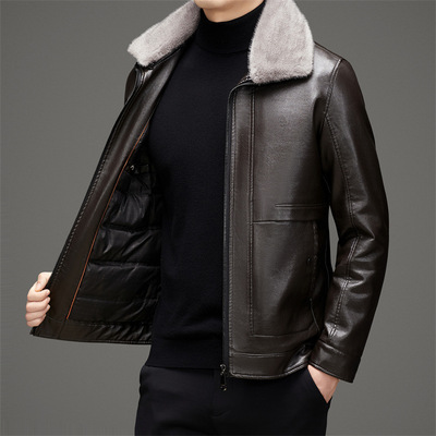 恒源祥官方正品2025秋冬新款海宁皮衣男士短款翻领皮夹克羽绒服外