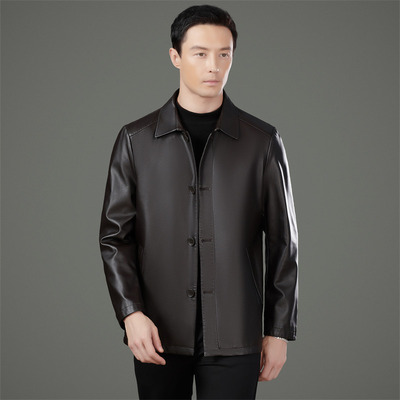 恒源祥官方正品新款中老年海宁皮衣男士翻领单排扣夹克爸爸装秋冬