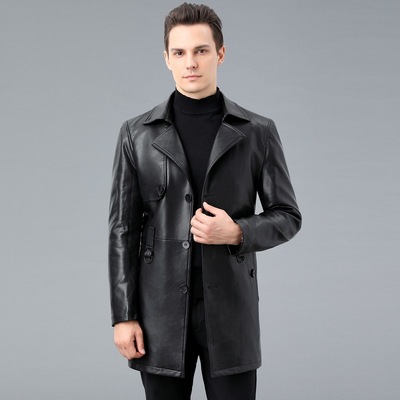 恒源祥官方正品2024海宁皮衣男中长款风衣夹克男士西装领修身外套
