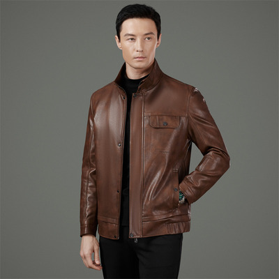 恒源祥官方正品海宁皮衣男春秋季新款中年男士翻领多口袋夹克机车