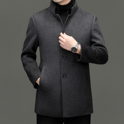 恒源祥官方正品双面羊毛大衣男中长款立领商务冬季水貂领拆卸羽绒